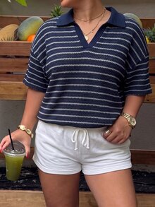 Muchica Navy Blue Plus Size Women's Striped Drop Shoulder Casual T-Shirt - Navy Blue - View 4