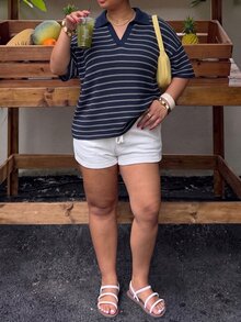 Muchica Navy Blue Plus Size Women's Striped Drop Shoulder Casual T-Shirt - Navy Blue - View 3