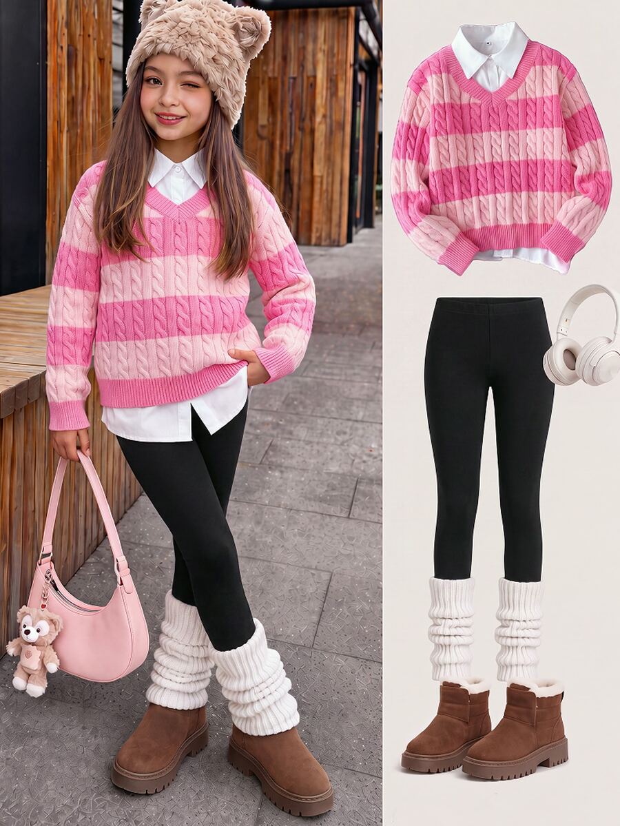 SHEIN Girls' Striped Colorblock Cable Knit V-Neck Pullover Sweater, Suitable For Autumn/Winter And Outdoor Wear - Pink - View 1