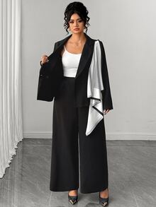 Elenzga Große Größen Halloween schwarzer Anzug mit geradem Bein Hose 2-teiliges Set, eleganter taillierter Wickelblazer mit Schal-Dekoration, hoher Taillenschnitt, Herbst/Winter Büro/Party/Weihnachten/Neujahr Outfit, kurvenfreundlich - Schwarz - Übersicht 8
