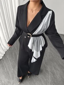 Elenzga Große Größen Halloween schwarzer Anzug mit geradem Bein Hose 2-teiliges Set, eleganter taillierter Wickelblazer mit Schal-Dekoration, hoher Taillenschnitt, Herbst/Winter Büro/Party/Weihnachten/Neujahr Outfit, kurvenfreundlich - Schwarz - Übersicht 4