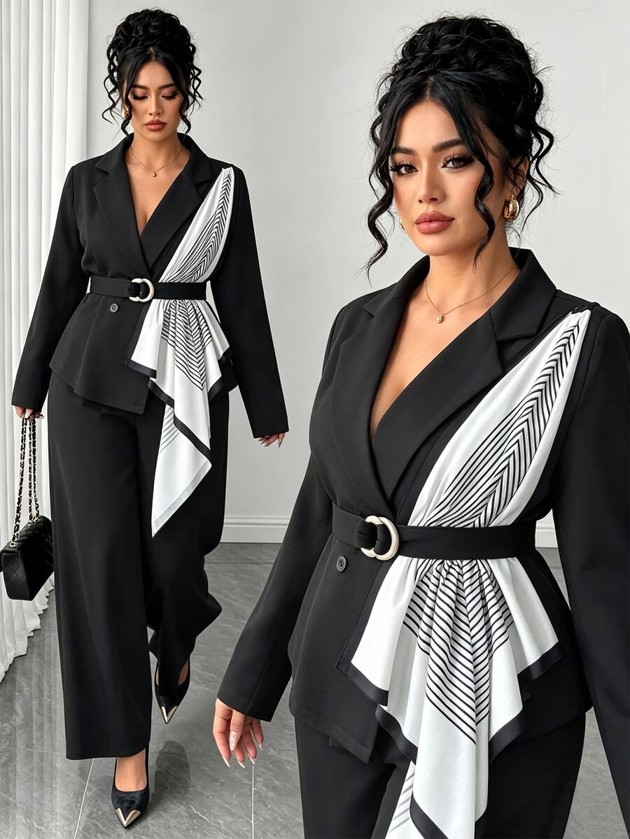 Elenzga Große Größen Halloween schwarzer Anzug mit geradem Bein Hose 2-teiliges Set, eleganter taillierter Wickelblazer mit Schal-Dekoration, hoher Taillenschnitt, Herbst/Winter Büro/Party/Weihnachten/Neujahr Outfit, kurvenfreundlich - Schwarz - Übersicht 1