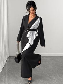 Elenzga Große Größen Halloween schwarzer Anzug mit geradem Bein Hose 2-teiliges Set, eleganter taillierter Wickelblazer mit Schal-Dekoration, hoher Taillenschnitt, Herbst/Winter Büro/Party/Weihnachten/Neujahr Outfit, kurvenfreundlich - Schwarz - Übersicht 6