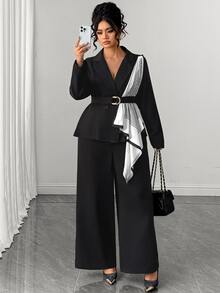 Elenzga Große Größen Halloween schwarzer Anzug mit geradem Bein Hose 2-teiliges Set, eleganter taillierter Wickelblazer mit Schal-Dekoration, hoher Taillenschnitt, Herbst/Winter Büro/Party/Weihnachten/Neujahr Outfit, kurvenfreundlich - Schwarz - Übersicht 2