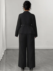 Elenzga Große Größen Halloween schwarzer Anzug mit geradem Bein Hose 2-teiliges Set, eleganter taillierter Wickelblazer mit Schal-Dekoration, hoher Taillenschnitt, Herbst/Winter Büro/Party/Weihnachten/Neujahr Outfit, kurvenfreundlich - Schwarz - Übersicht 5