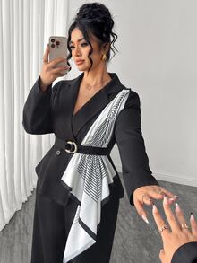Elenzga Große Größen Halloween schwarzer Anzug mit geradem Bein Hose 2-teiliges Set, eleganter taillierter Wickelblazer mit Schal-Dekoration, hoher Taillenschnitt, Herbst/Winter Büro/Party/Weihnachten/Neujahr Outfit, kurvenfreundlich - Schwarz - Übersicht 7