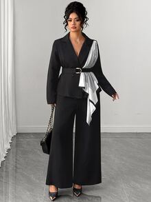 Elenzga Große Größen Halloween schwarzer Anzug mit geradem Bein Hose 2-teiliges Set, eleganter taillierter Wickelblazer mit Schal-Dekoration, hoher Taillenschnitt, Herbst/Winter Büro/Party/Weihnachten/Neujahr Outfit, kurvenfreundlich - Schwarz - Übersicht 3