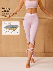 OutZeal Women Sports Pink Short Leggings Solid Color Yoga Ballet Gym Quick-Dry Crossover Waist Cropped Pants Spring Summer - Pink - View 2