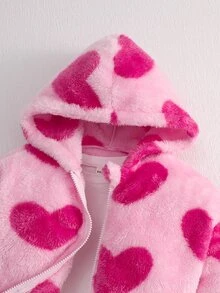 Girls' Pink Heart Plush Hooded Jacket - Black - View 4