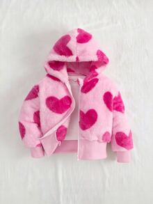 Girls' Pink Heart Plush Hooded Jacket - Black - View 9
