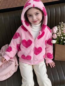 Girls' Pink Heart Plush Hooded Jacket - Black - View 5