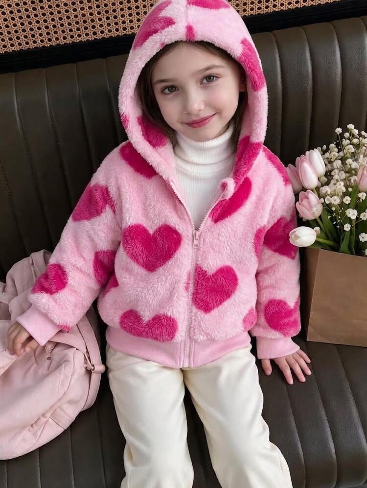 Girls' Pink Heart Plush Hooded Jacket - Black - View 1