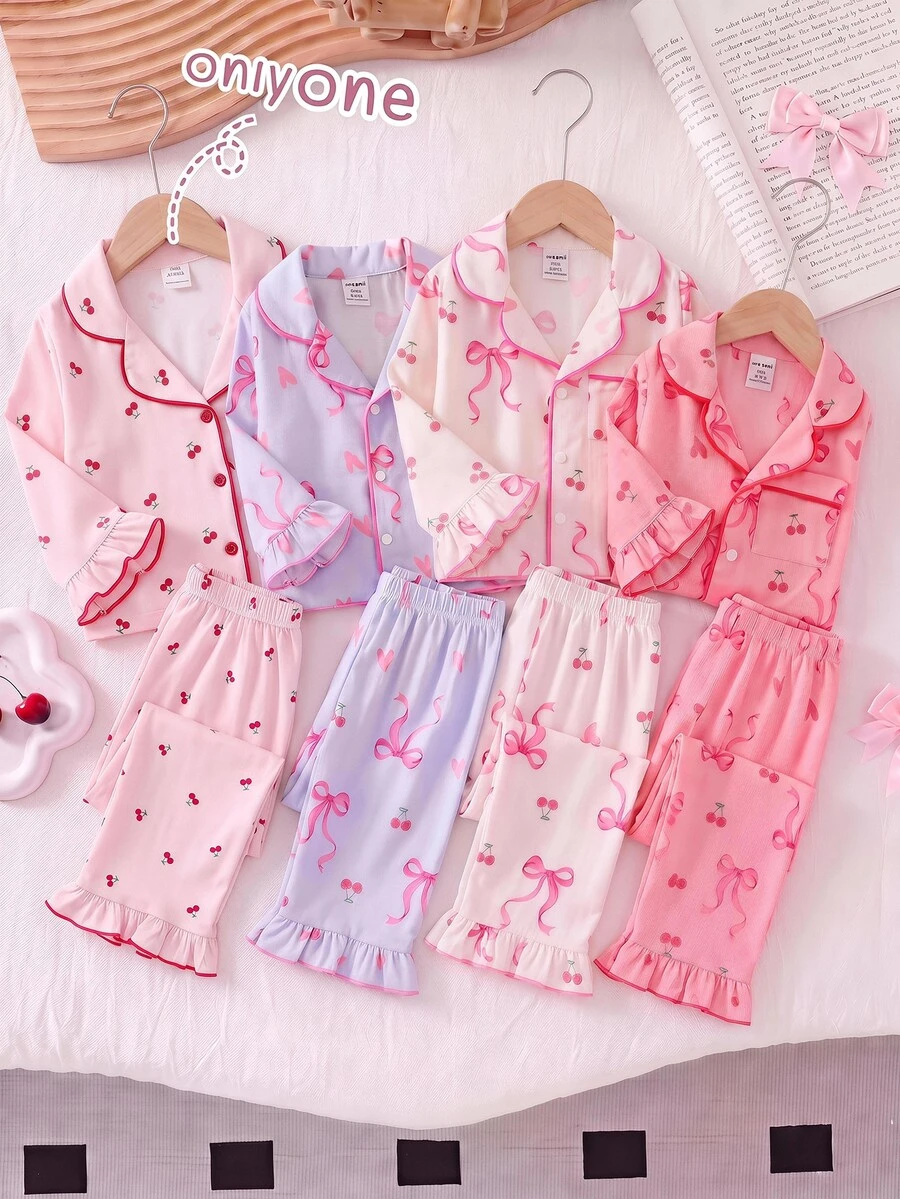 SHEIN Babygirl Cute Casual Knit Cherry Pattern Loungewear Set - Apricot - View 1