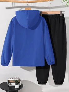 SHEIN 兒童 2 件組青少年男孩休閒運動圖案拼色連帽外套與長褲套裝，適合學校、日常休閒、度假、運動，秋冬穿著 - 彩色 - 查看 2
