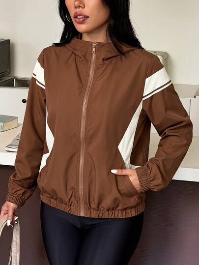 Muchica Women's Brown White Hooded Contrast Stripes Elastic Hem Pocket Lightweight Sports Jacket Breathable Windbreaker Running Outdoor Activewear Top