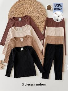SHEIN Baby Girl Knit Solid Color Crew Neck Casual T-Shirt Top 3pcs Pieces Set,3 Random Pieces,Only Tops - Multicolor - View 1