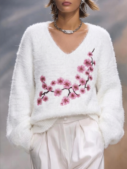 LUMIGAL Elegant Pink Plum Blossom Embroidered V-Neck Plush Knit Top, Women's Loose Soft Long Sleeve Sweater, Suitable For Autumn/Winter