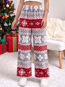 SHEIN Tween Girls Red Plaid Fuzzy Straight Leg Wide Leg Casual 90s Cute Fashion   Pants, Christmas Surprise Gift Long Pants Autumn - Red - View 3