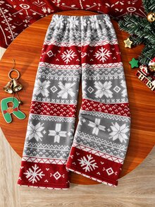 SHEIN Tween Girls Red Plaid Fuzzy Straight Leg Wide Leg Casual 90s Cute Fashion   Pants, Christmas Surprise Gift Long Pants Autumn - Red - View 2