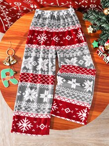 SHEIN Tween Girls Red Plaid Fuzzy Straight Leg Wide Leg Casual 90s Cute Fashion   Pants, Christmas Surprise Gift Long Pants Autumn - Red - View 9
