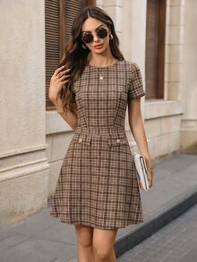 EMERY ROSE Women's Summer Elegant Preppy Commute Plaid Short Dress Office Brown Plaid - Multicolor - View 8