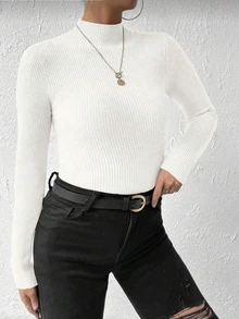SHEIN LUNE CURVE Plus Size Women's Ribbed Slim Fit Fashion Minimalist Solid Color Versatile Base Layer Long Sleeve Crew Neck Pullover Knit Sweater - White - View 6