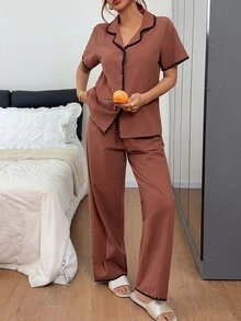 Napfluff 舒適休閒 100% 純棉女款居家睡衣套裝 - 咖啡棕 - 查看 6