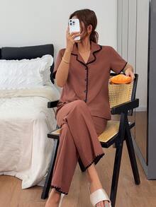 Napfluff 舒適休閒 100% 純棉女款居家睡衣套裝 - 咖啡棕 - 查看 7