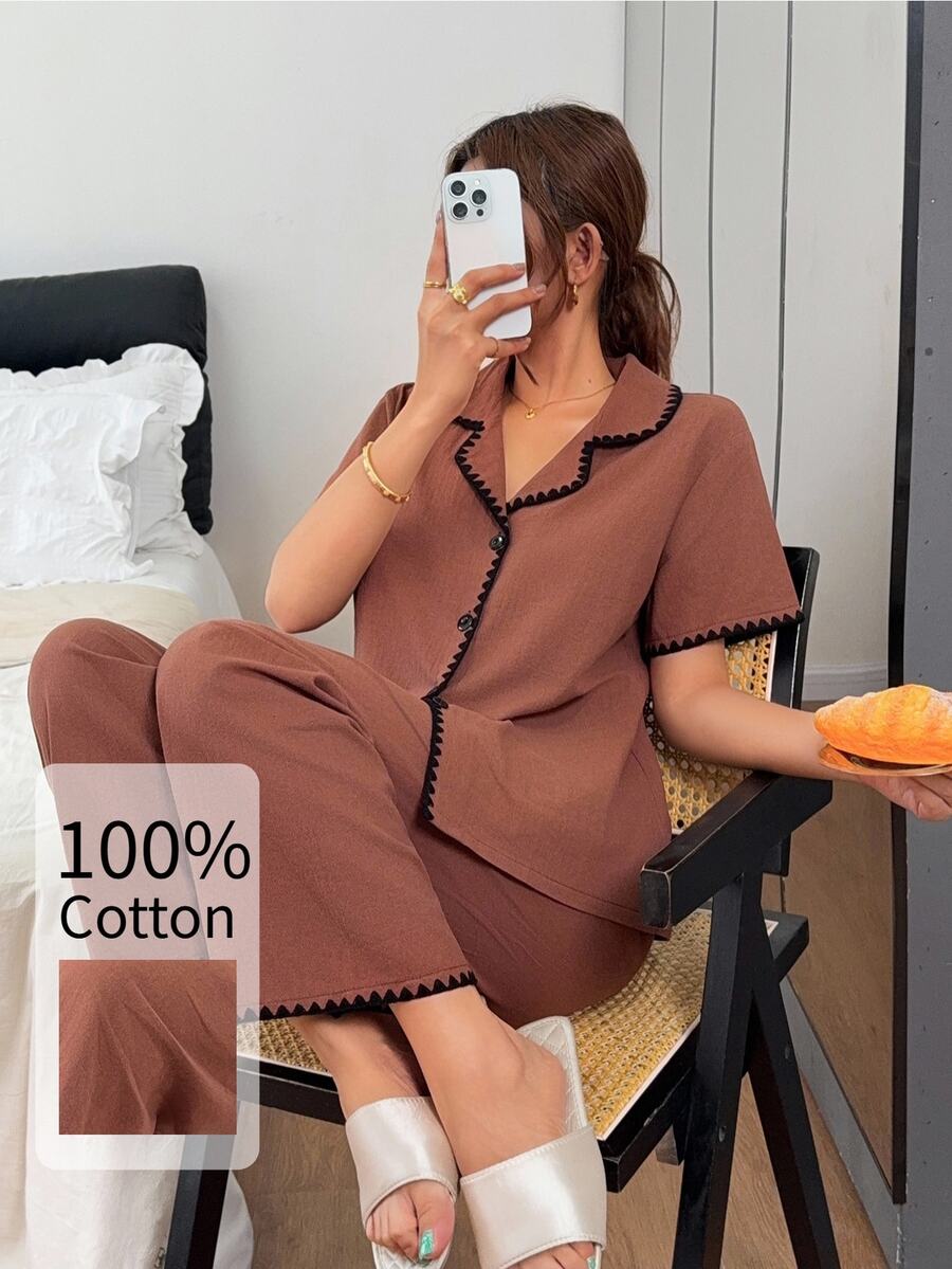 Napfluff 舒適休閒 100% 純棉女款居家睡衣套裝 - 咖啡棕 - 查看 1