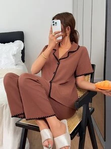 Napfluff 舒適休閒 100% 純棉女款居家睡衣套裝 - 咖啡棕 - 查看 4