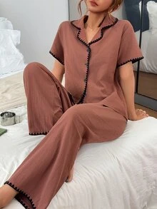 Napfluff 舒適休閒 100% 純棉女款居家睡衣套裝 - 咖啡棕 - 查看 3