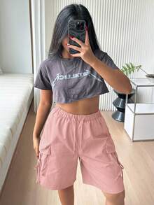 SHEIN BASICS 女款休閒純色梭織高腰寬鬆寬腿工裝口袋百慕大短褲/夏季粉色套裝女款最寬鬆 - 粉色 - 查看 5