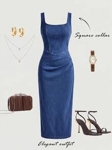 SHEIN MOD Women's Fashion Pleated Back Slit Denim Dress - Dark Wash - View 2