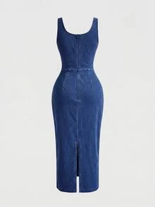 SHEIN MOD Women's Fashion Pleated Back Slit Denim Dress - Dark Wash - View 3