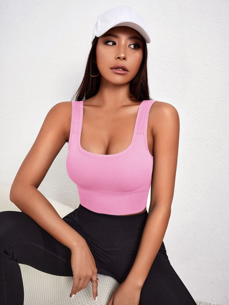 Sovereign Charm Solid Color WIde Strap Fall Seamless Sports Bra - Pink - View 3