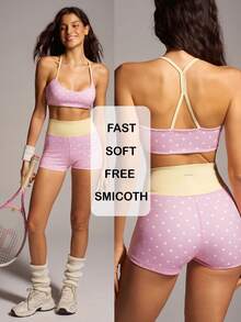 VARSIVA Women's Pink And White Polka Dot Colorblock Halter Top And High-Waisted Shorts Casual Athleisure Daily Sports Activewear Set Gym Tennis Workout Summer - Multicolor - View 13