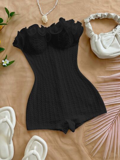 Soleia Vacation Exaggerated Ruffle Strapless Women's Party Jumpsuit, Suitable For Christmas, Dates, Nightclubs, Bohemian, Boho, No Chest Padding