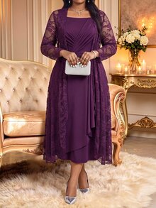 Fleurora Plus Size Women's Lace Long Sleeve Open Front Cardigan And Pleated Sleeveless Dress Elegant 2 Pieces Set - Violet Purple - View 5
