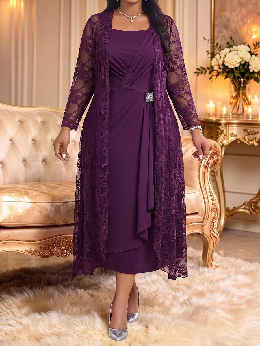 Fleurora Plus Size Women's Lace Long Sleeve Open Front Cardigan And Pleated Sleeveless Dress Elegant 2 Pieces Set - Violet Purple - View 1