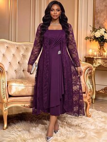 Fleurora Plus Size Women's Lace Long Sleeve Open Front Cardigan And Pleated Sleeveless Dress Elegant 2 Pieces Set - Violet Purple - View 6