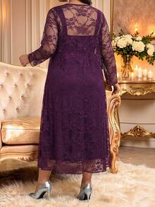 Fleurora Plus Size Women's Lace Long Sleeve Open Front Cardigan And Pleated Sleeveless Dress Elegant 2 Pieces Set - Violet Purple - View 2