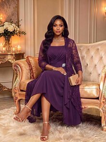Fleurora Plus Size Women's Lace Long Sleeve Open Front Cardigan And Pleated Sleeveless Dress Elegant 2 Pieces Set - Violet Purple - View 7