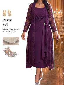 Fleurora Plus Size Women's Lace Long Sleeve Open Front Cardigan And Pleated Sleeveless Dress Elegant 2 Pieces Set - Violet Purple - View 4