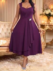 Fleurora Plus Size Women's Lace Long Sleeve Open Front Cardigan And Pleated Sleeveless Dress Elegant 2 Pieces Set - Violet Purple - View 3