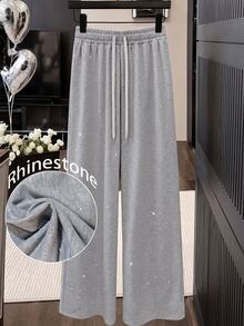 GlowEve CURVE Plus Size Women's Fashion Casual Rhinestone Decor High Waist Drawstring Sweatpants, Fashionable Item Suitable For Women To Wear In Autumn. - Grey - View 1