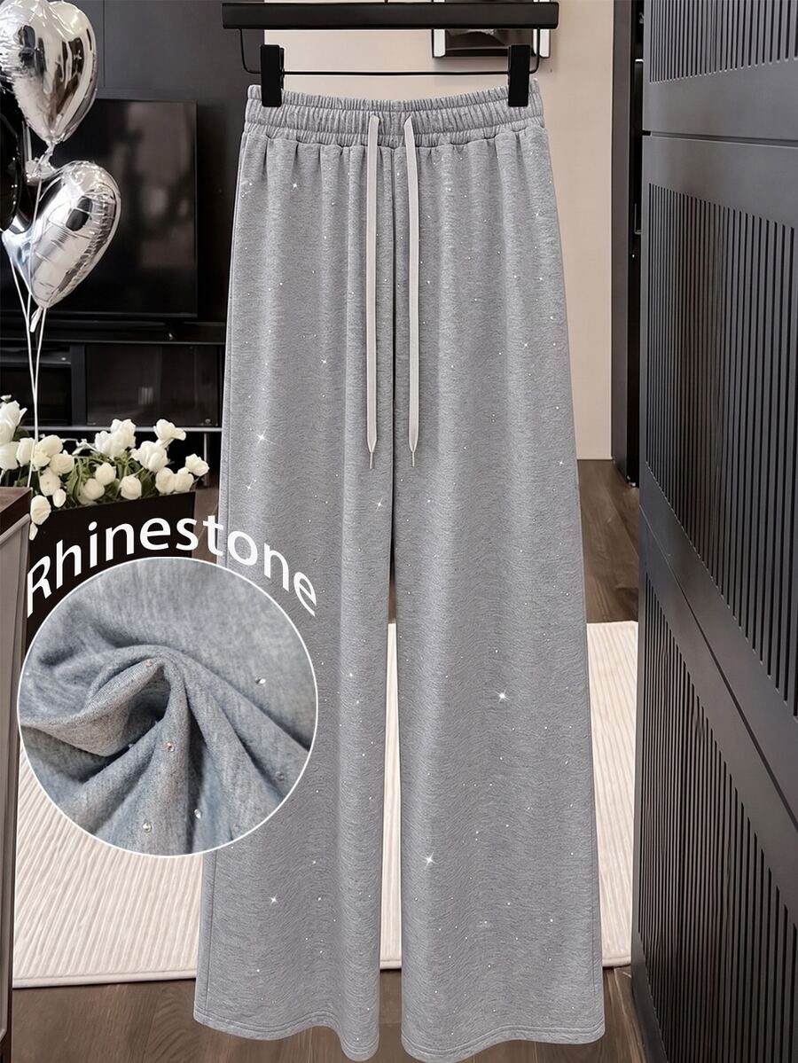 GlowEve CURVE Plus Size Women's Fashion Casual Rhinestone Decor High Waist Drawstring Sweatpants, Fashionable Item Suitable For Women To Wear In Autumn. - Grey - View 1