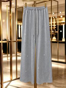 GlowEve CURVE Plus Size Women's Fashion Casual Rhinestone Decor High Waist Drawstring Sweatpants, Fashionable Item Suitable For Women To Wear In Autumn. - Grey - View 3