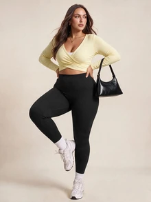 SHEIN Rhythm Era Plus Wide Waistband Sports Leggings - Black - View 8