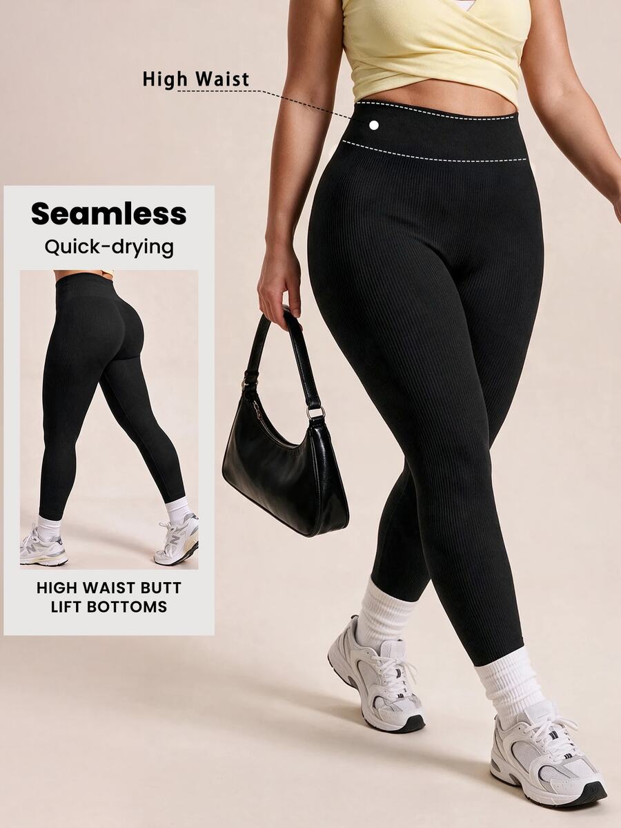 SHEIN Rhythm Era Plus Wide Waistband Sports Leggings - Black - View 1