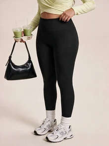 SHEIN Rhythm Era Plus Wide Waistband Sports Leggings - Black - View 5